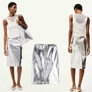 H&M metallic silver foil faux leather pleather pencil skirt Sz 6 NWOT brand new